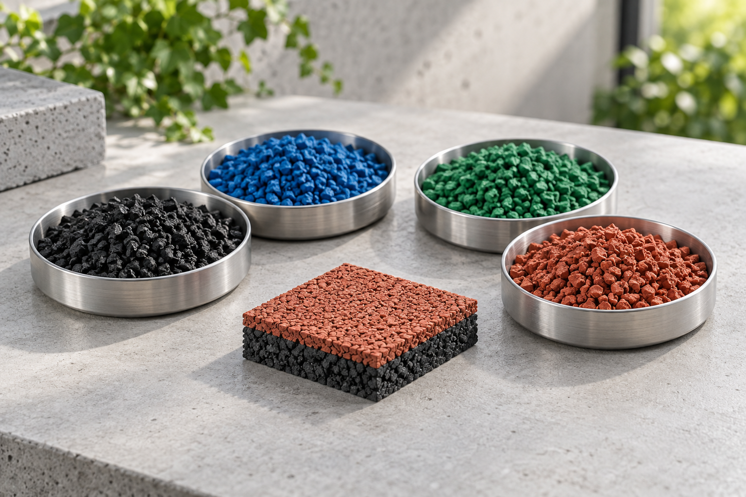 AI-generated illustration of coloured EPDM and black SBR granules in sample dishes