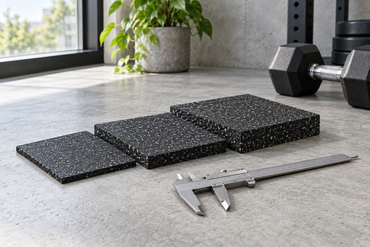 AI-generated illustration of rubber flooring samples of different thicknesses beside a caliper