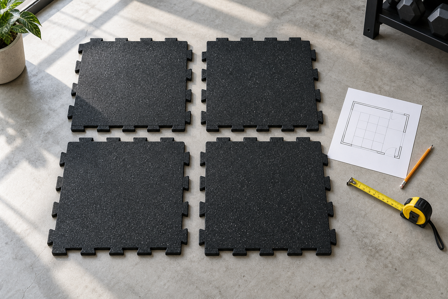 AI-generated illustration of rubber mats, a measuring tape and a floor plan