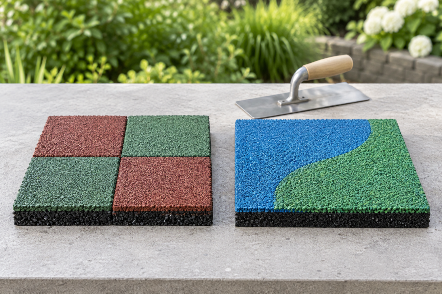 AI-generated illustration comparing playground rubber tiles and a seamless wet-pour sample