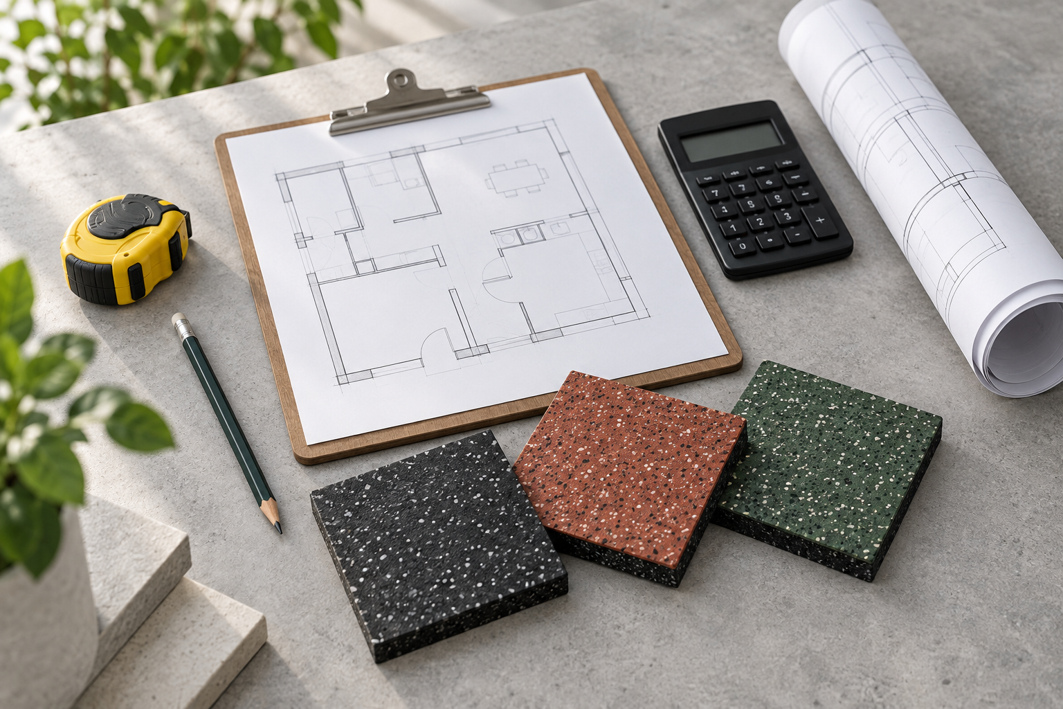 AI-generated illustration of rubber samples, a floor plan and measuring tools for quotation planning