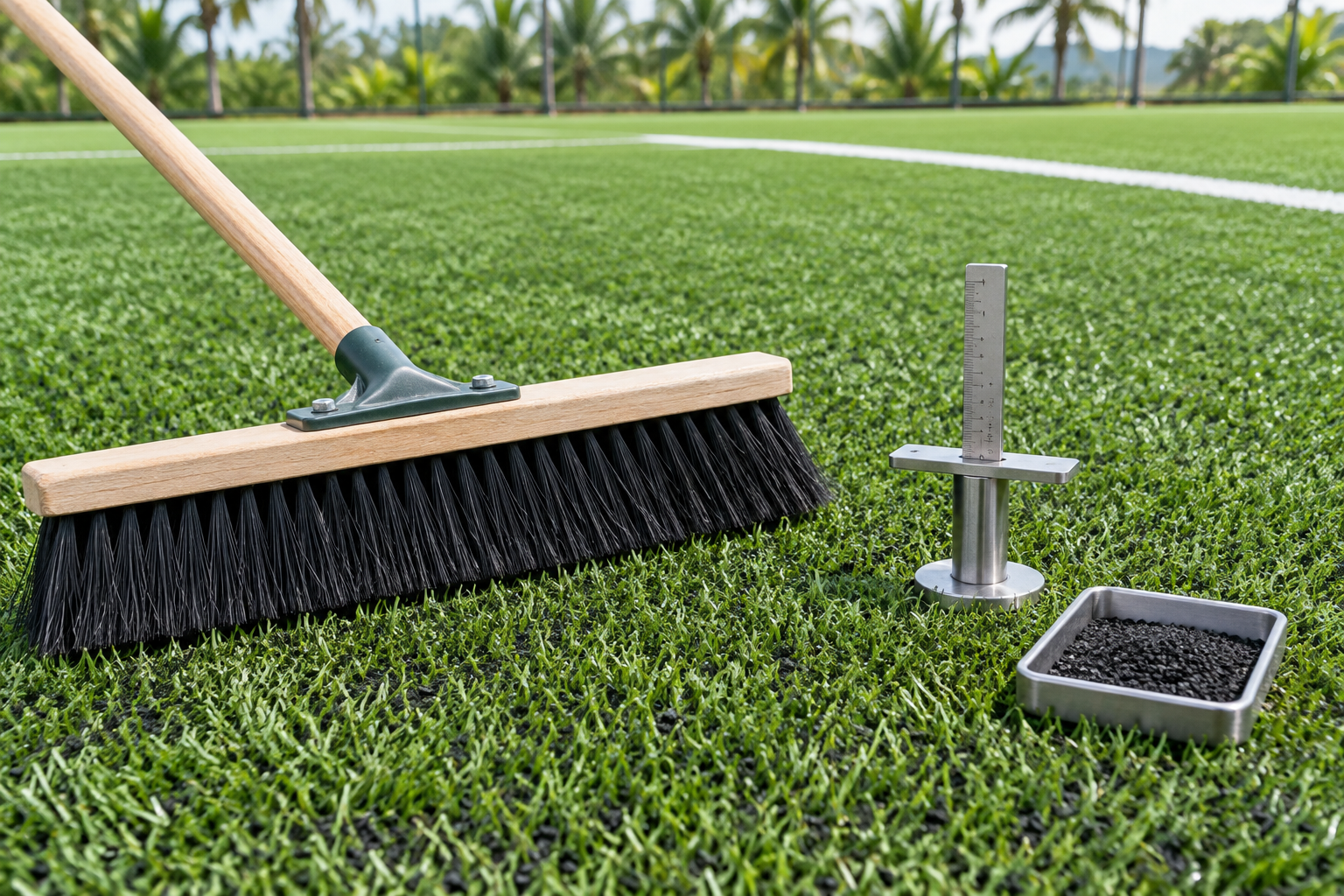 AI-generated illustration of turf maintenance tools and an SBR infill sample on artificial grass
