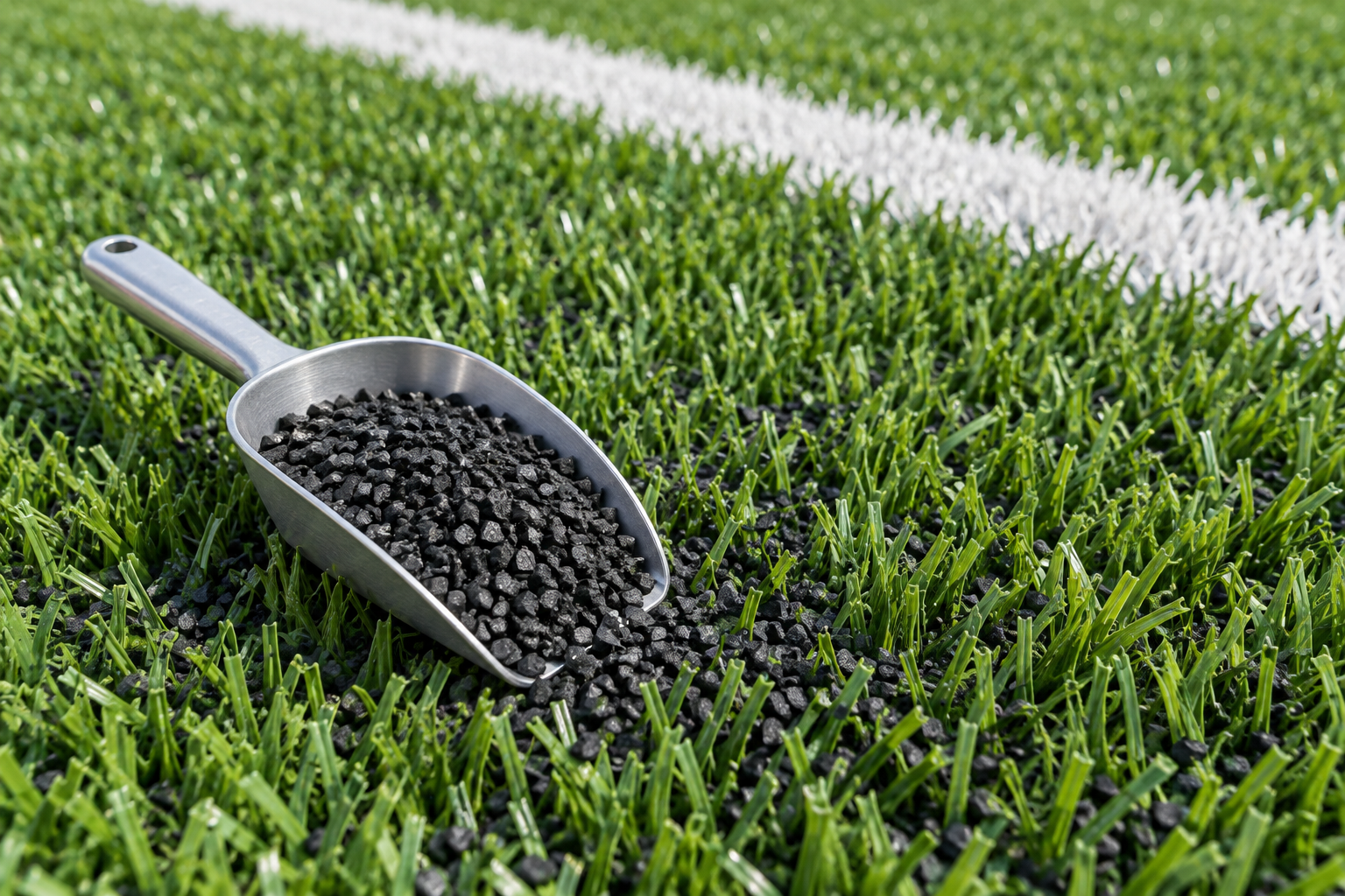 AI-generated illustration of black SBR granules in a sample scoop on artificial grass