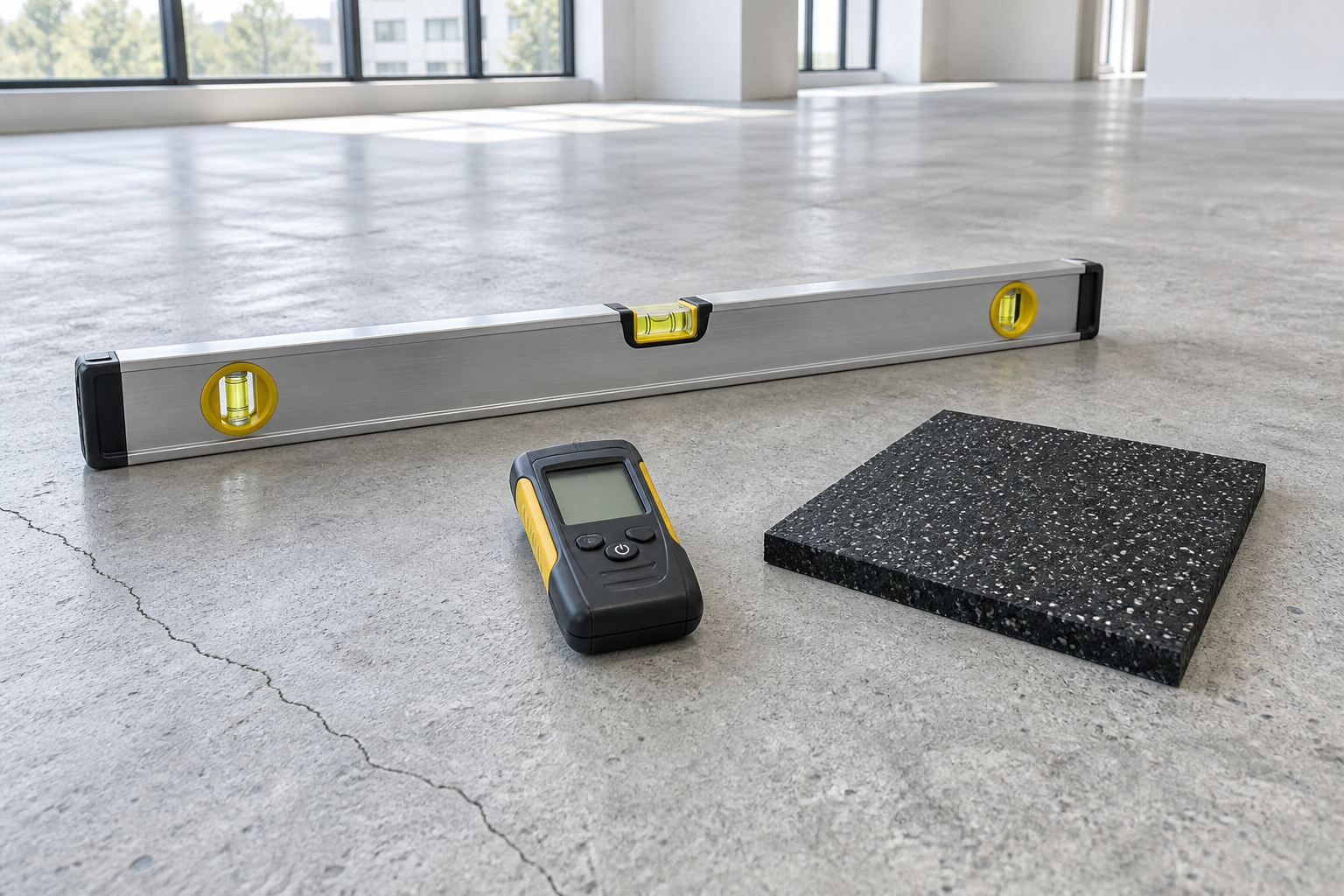 AI-generated illustration of a spirit level, moisture meter and rubber sample on concrete